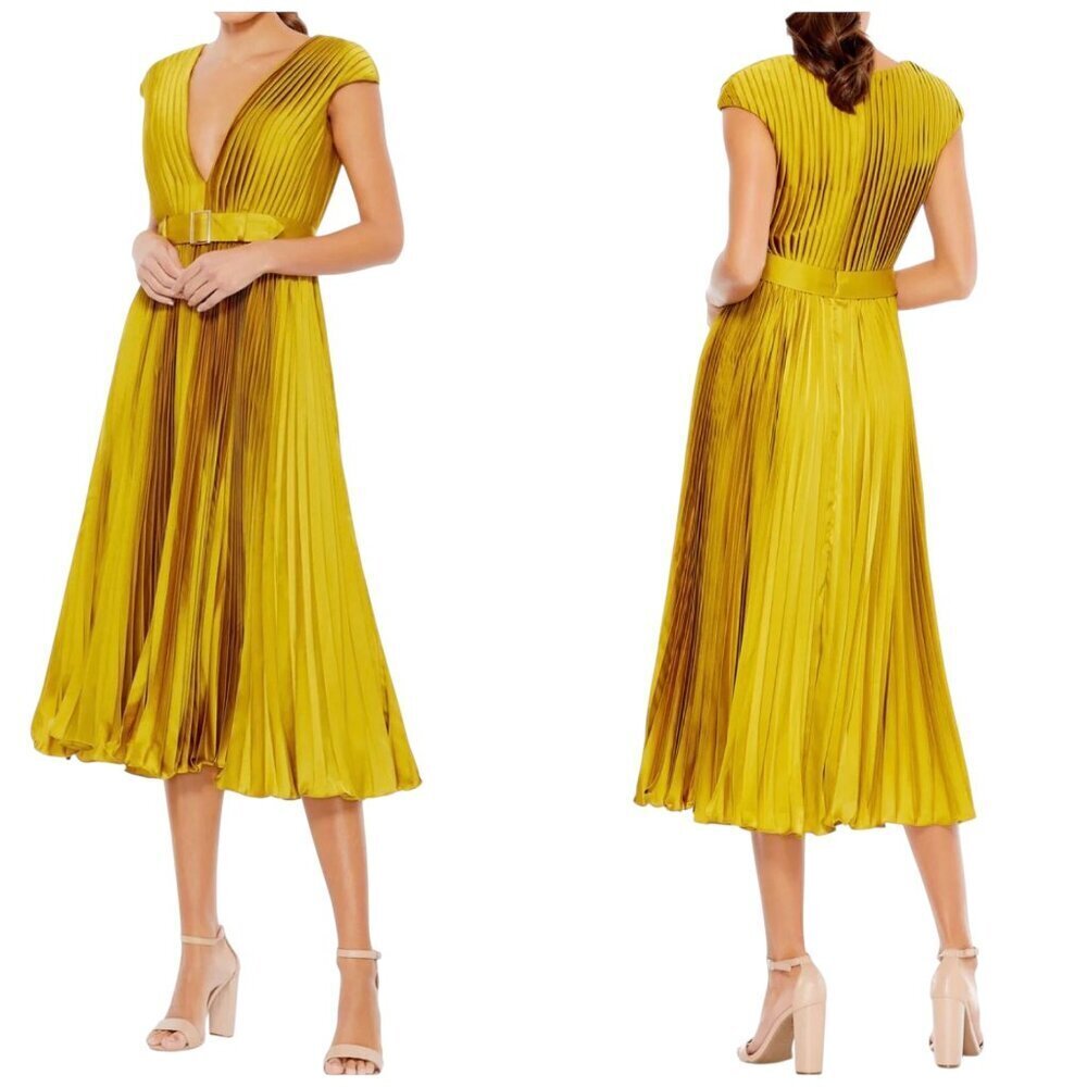 Ieena for Mac Duggal 26483 Chartreuse Satin Pleated Midi Dress 4